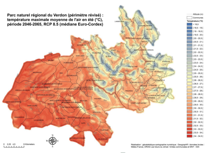 Scénario d'évolution de la moyenne des températures maximales de l'air (°C) sur la période 2046-2065 (scénario RCP 8.5, i.e. avec +1,5°C)